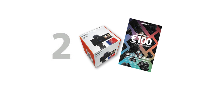 Su sfondo bianco, un "2" grigio, una scatola di fotocamera Sony e un coupon da 100 euro.