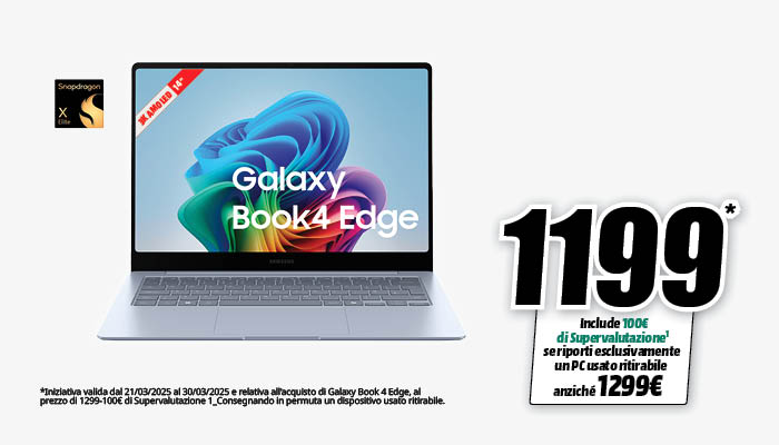 Laptop aperto su sfondo bianco con prezzo promozionale. Lo schermo mostra la scritta "Galaxy Book4 Edge".