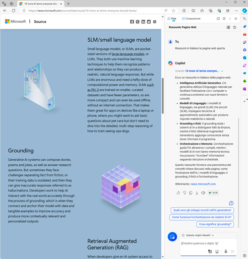 Schermata di un sito web con testo, icone e immagini su sfondo blu chiaro e bianco.