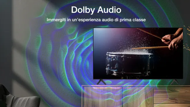 Schermo TV con scritta "Dolby Audio", immagine di batteria percossa da bacchette e motivo a onde blu e verdi.
