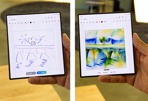 Due tablet mostrano un disegno a linea e un dipinto digitale astratto con colori blu, giallo e verde.