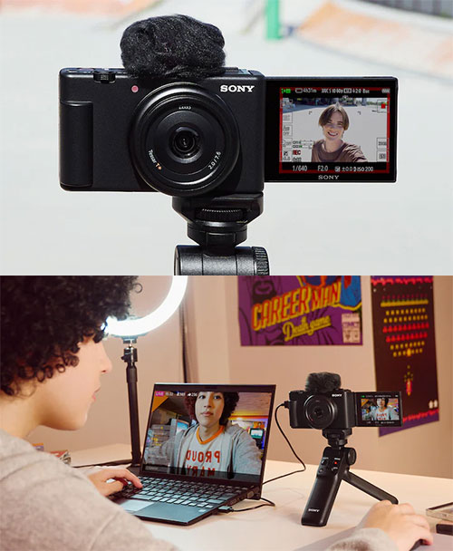 Telecamera Sony su treppiede con schermo rivolto verso l'alto, poi persona che usa il laptop con telecamera e luce ad anello.