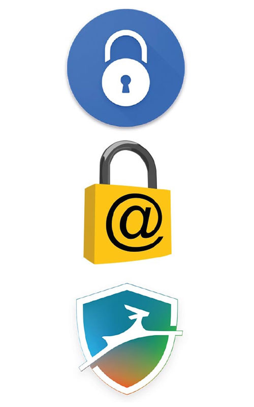 Tre icone impilate su sfondo bianco: lucchetto blu in cerchio, lucchetto giallo con chiocciola, scudo blu-verde con cervo bianco.
