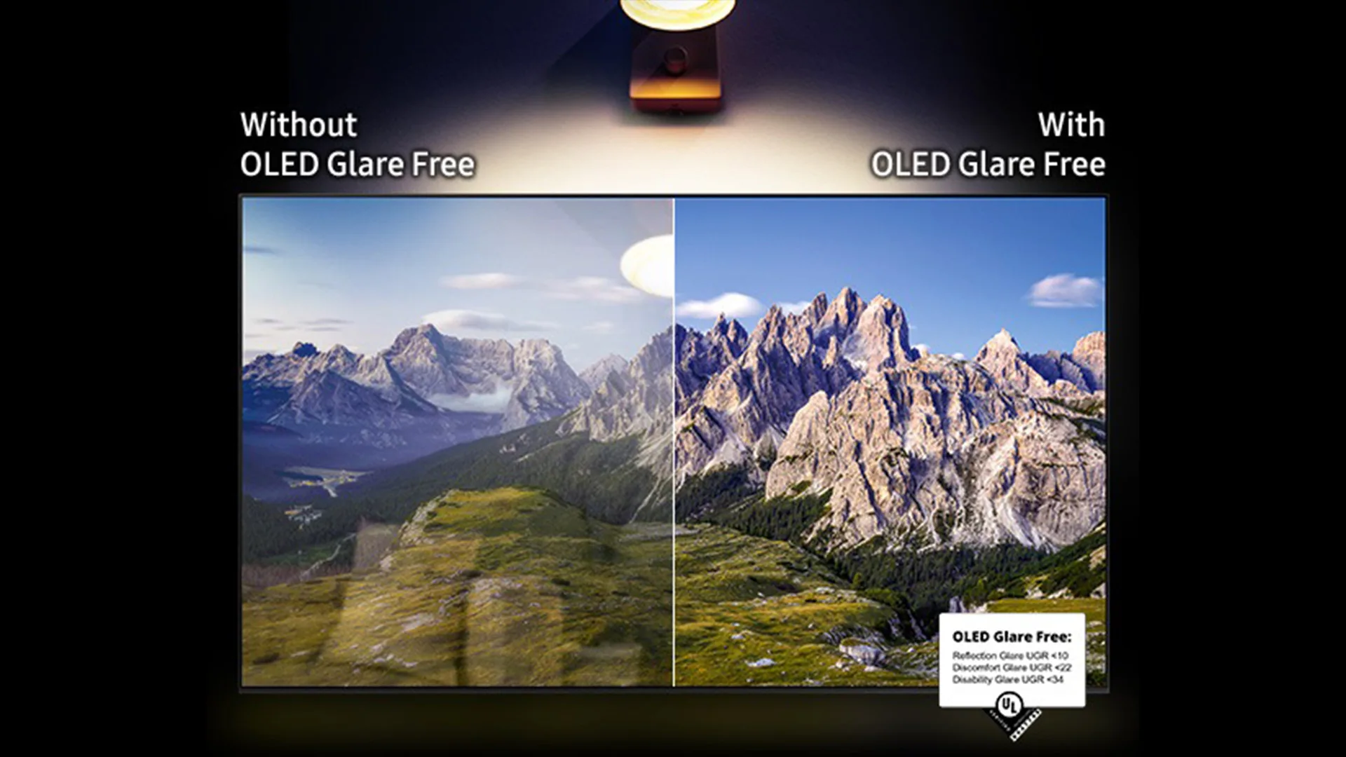 Schermo diviso che mostra la qualità dell'immagine OLED con e senza antiriflesso, con montagne sullo sfondo.