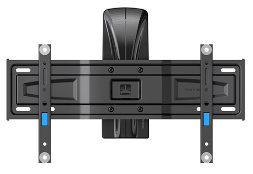 Supporto TV nero con staffe regolabili e dettagli blu, montato su una superficie bianca.