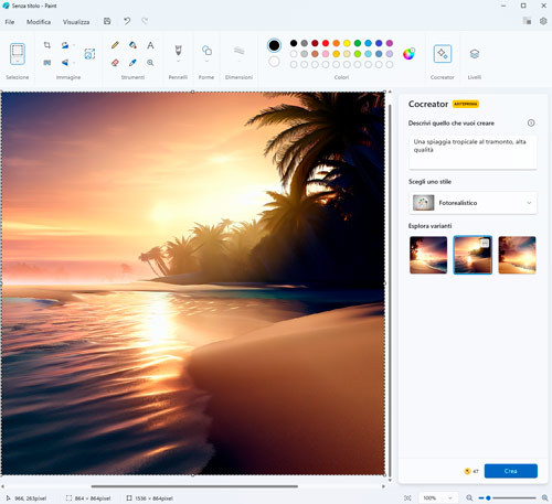 Editor grafico con immagine di spiaggia al tramonto, palme e riflessi solari sull'acqua. Pannello strumenti a destra.