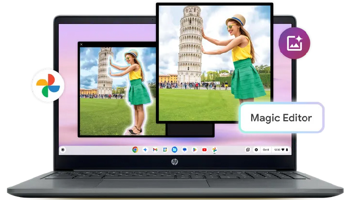 Un laptop mostra foto della Torre di Pisa con una ragazza. Icone di Google Foto e "Magic Editor" visibili.