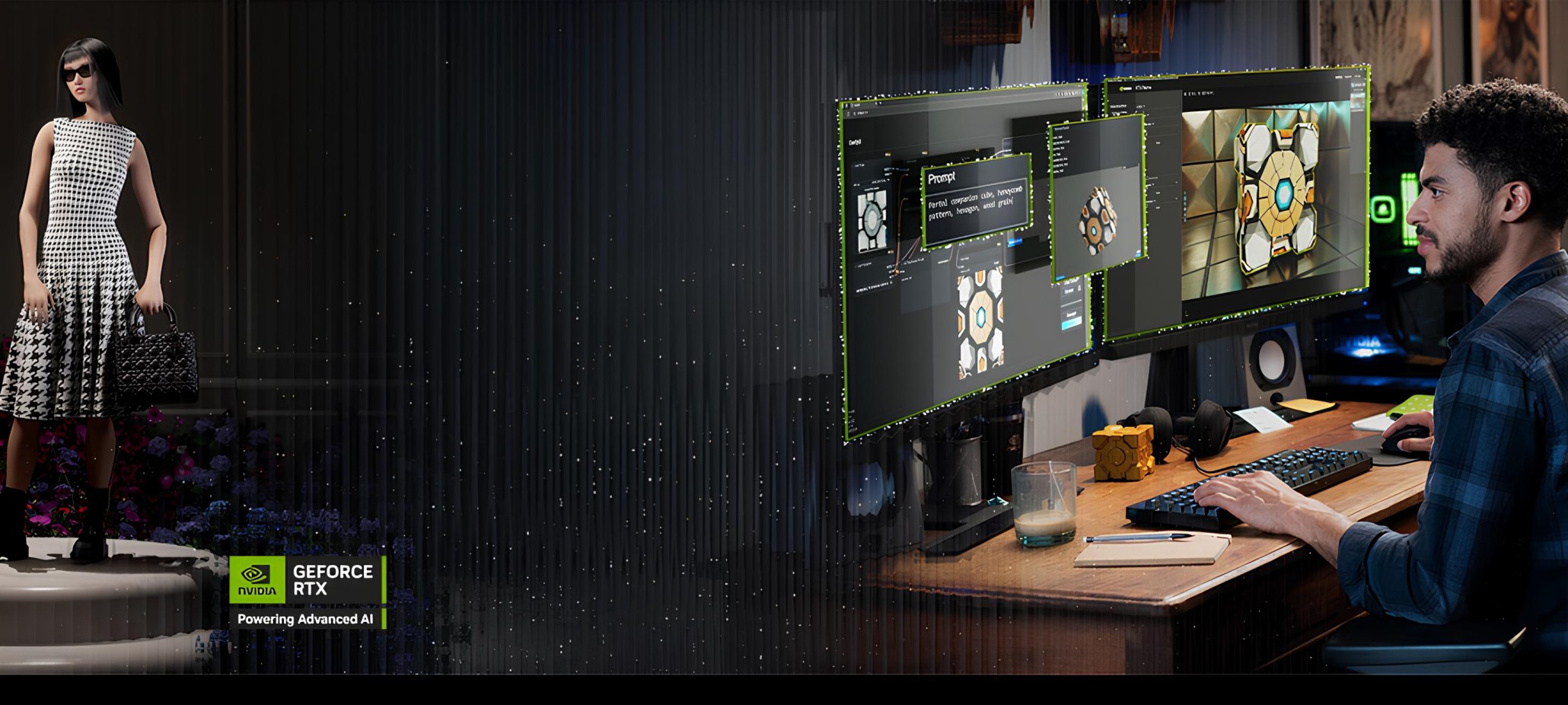 uomo ripreso davanti a due monitor mentre sembra che lavori su un'immagine AI