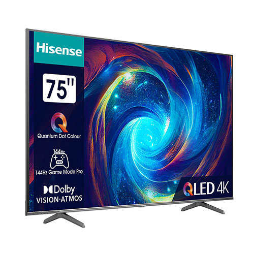 Schermo TV Hisense da 75 pollici con risoluzione QLED 4K su supporto a V. Sullo schermo, grafica astratta colorata.