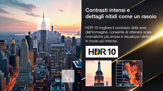 Panorama urbano con grattacieli al tramonto. A destra, testo su contrasto e dettagli HDR 10 con logo e due riquadri di dettagli.