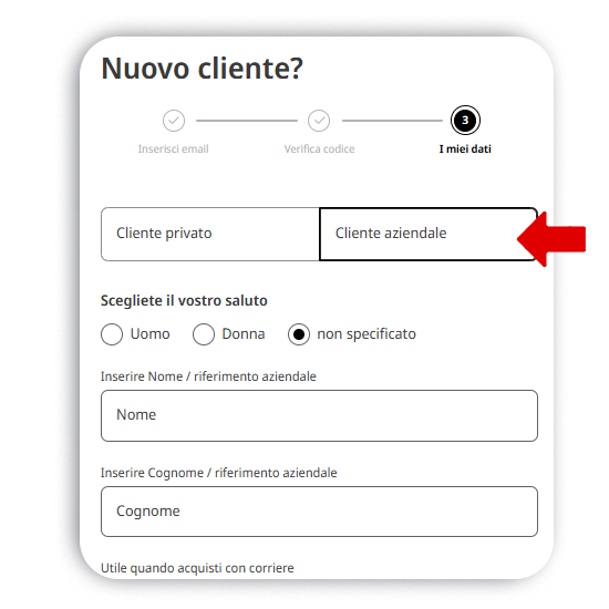 Finestra 'Il mio account' con opzioni 'Accedi', 'Registrati', 'Registrati con la Carta Club' e link al profilo e ordini. Freccia rossa su 'Registrati'.