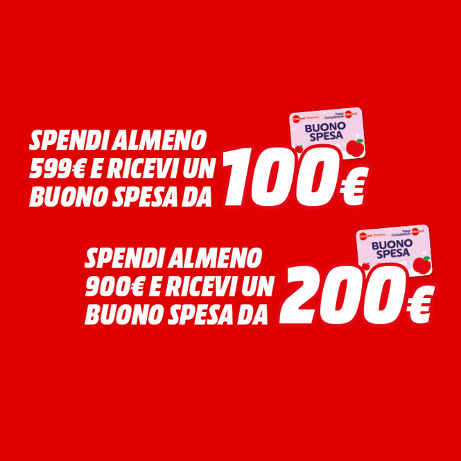 Sfondo rosso con testo bianco: spendi 599� , buono spesa 100� ; spendi 900� , buono spesa 200� .