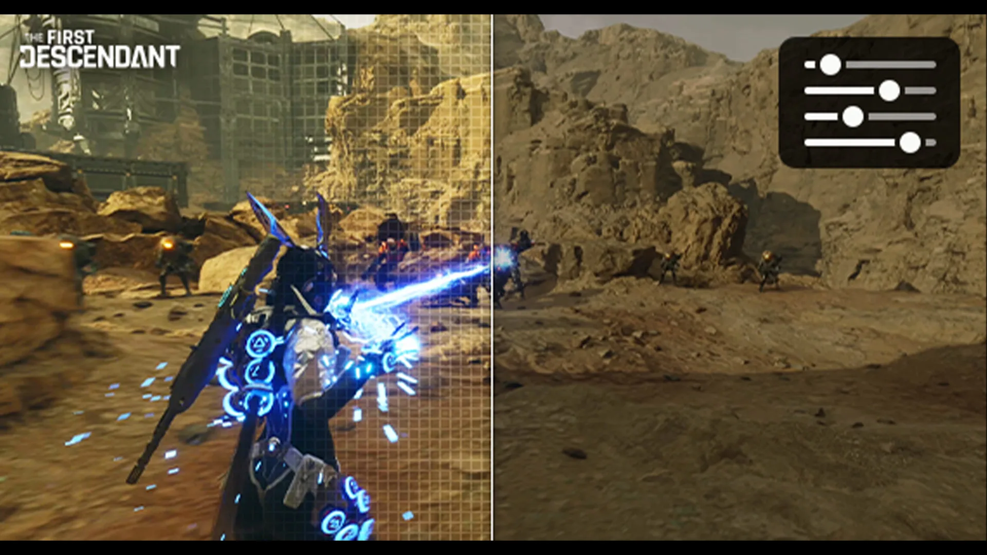 L'immagine divisa mostra un personaggio che spara energia blu a sinistra e un paesaggio montuoso a destra.