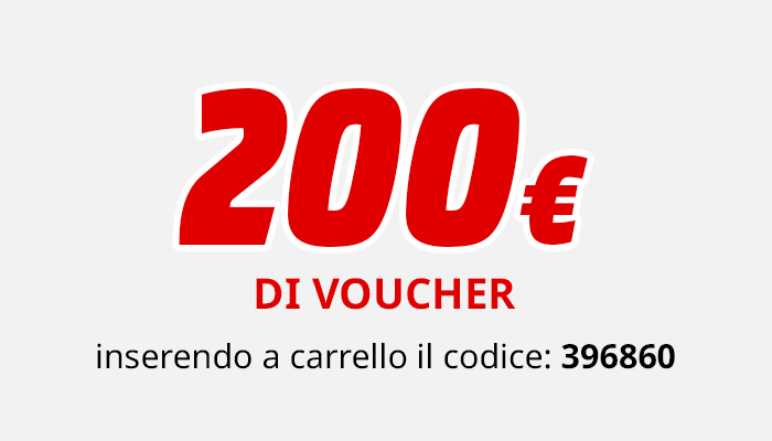 Sfondo bianco con testo: "200€ DI VOUCHER inserendo a carrello il codice: 396860", scritto in rosso e nero.