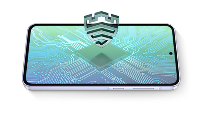 Un telefono mostra uno scudo stilizzato su uno sfondo di circuito blu e verde.