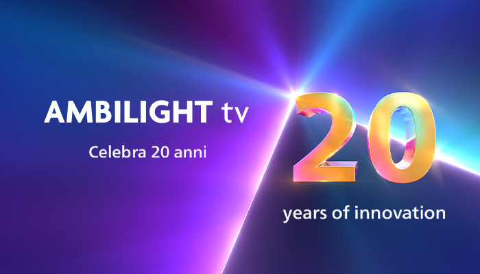 Logo Ambilight TV su sfondo blu e viola. Il numero 20, colorato, celebra l'anniversario con la scritta "years of innovation".