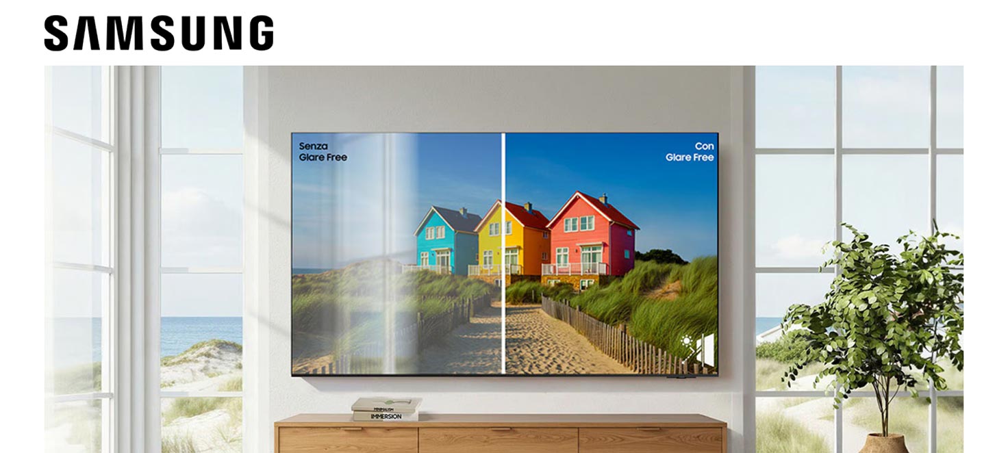 Tv che da un lato mostra i riflessi della luca, dall'altro non mostra alcun riflesso grazie al Glare Free
