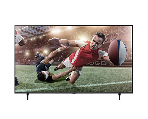 Schermo TV nero mostra giocatori di rugby in azione su un campo verde. Uno tiene una palla ovale marrone e bianca.