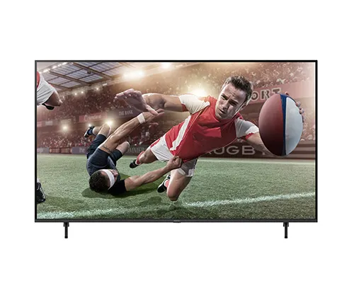 Schermo TV nero mostra giocatori di rugby in azione su un campo verde. Uno tiene una palla ovale marrone e bianca.