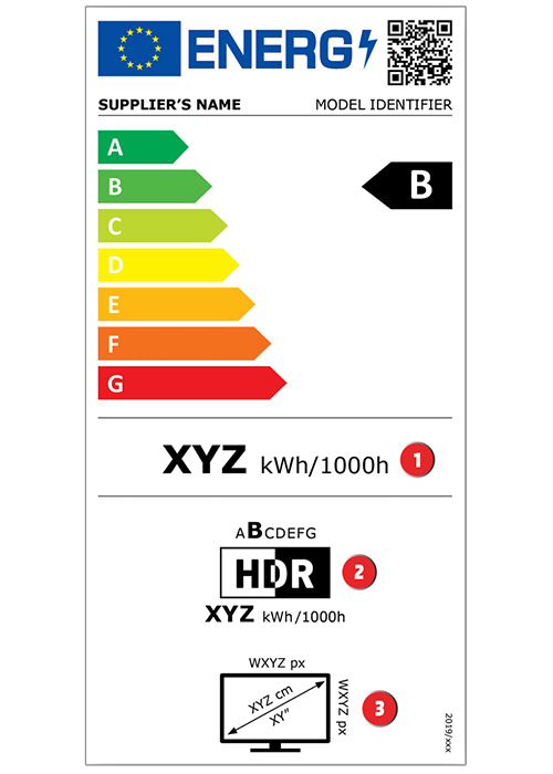Etichetta energetica con frecce colorate da verde ad arancione e rosso, indicante la classe energetica B. Dettagli su consumo e dimensioni.