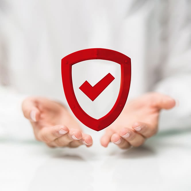 Due mani offrono uno scudo rosso con un segno di spunta rosso. Lo sfondo � bianco.