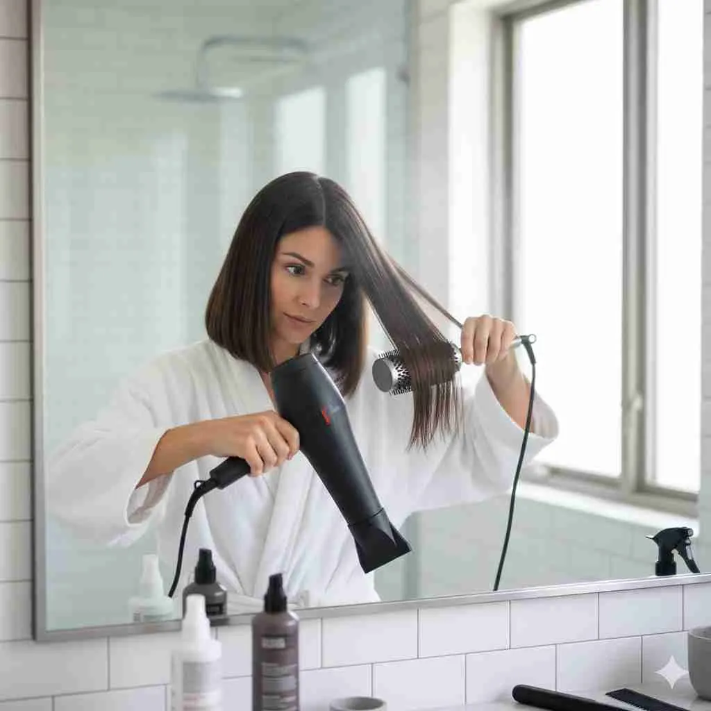 ragazza che asciuga i capelli lisci