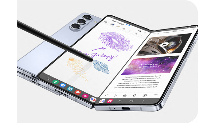 Un telefono pieghevole aperto mostra un pennino che disegna su uno schermo con icone di app visibili. Sul retro � visibile un altro telefono.