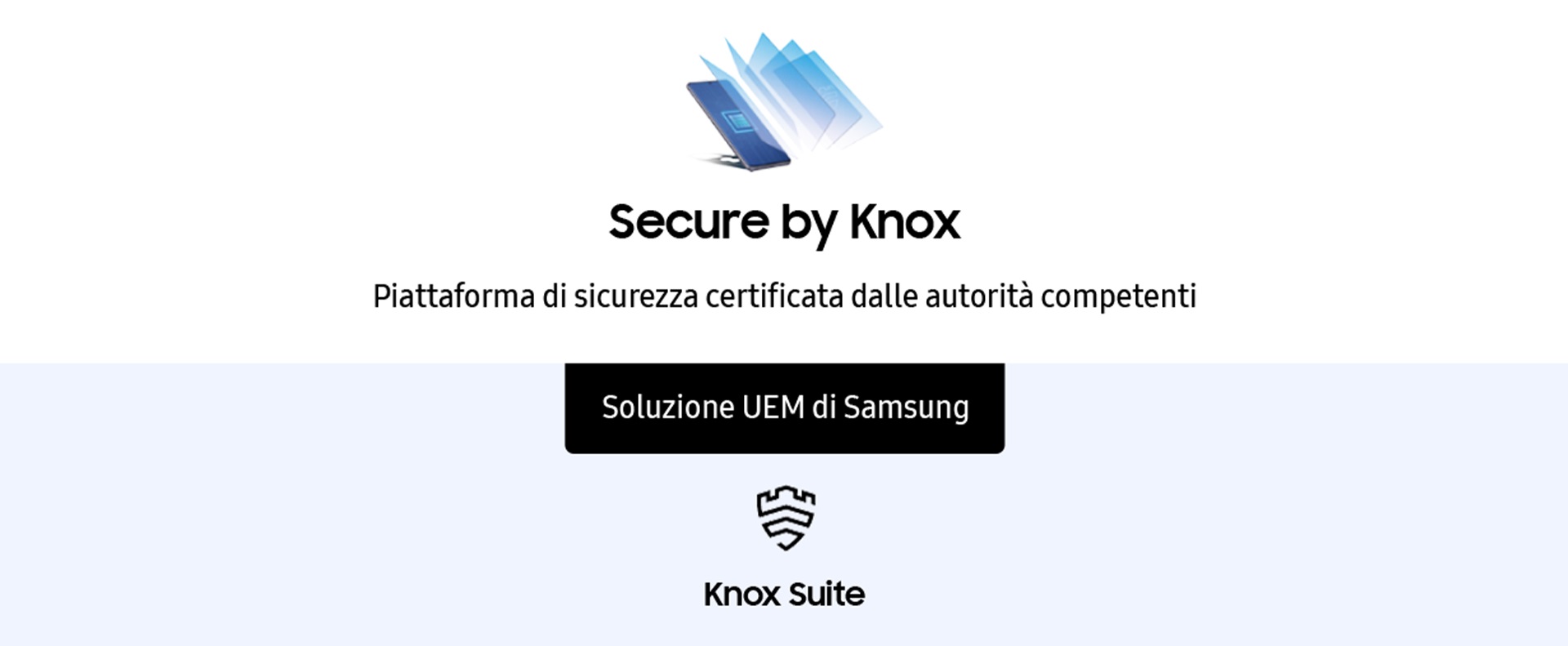 Logo "Secure by Knox" con telefono blu, testo su sicurezza e soluzione UEM Samsung, icona scudo e "Knox Suite".