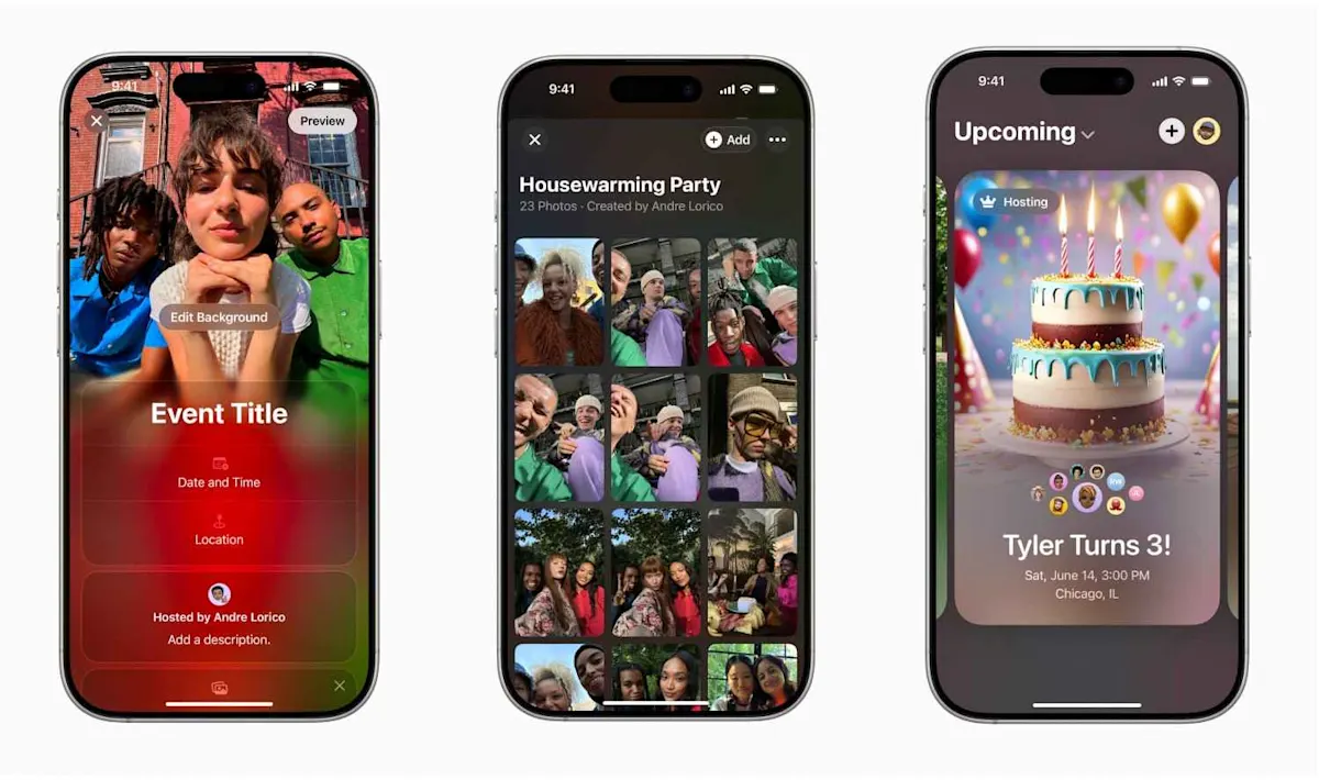 Tre schermi di smartphone mostrano interfacce app per eventi sociali, con opzioni per feste e compleanni.