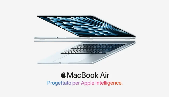 Bonus studenti 50€. MacBook Air con display acceso che mostra un motivo astratto. In basso logo MacBook Air. Progettato per Apple Intelligence