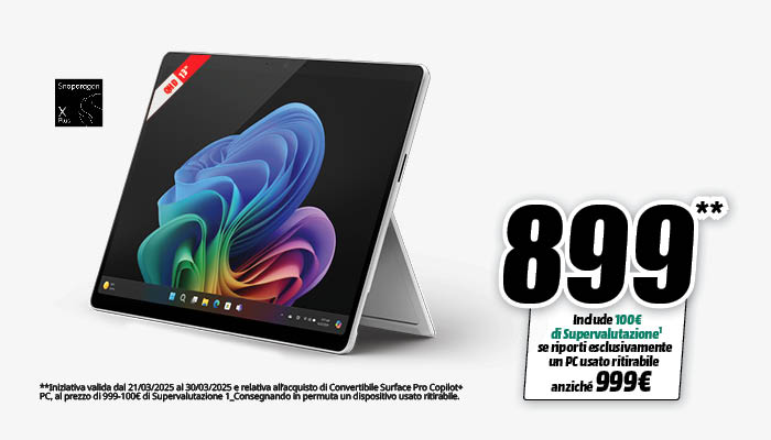 Tablet con sfondo astratto colorato e prezzo promozionale di 899 euro su sfondo bianco.