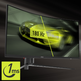 schermo curvato mag con la scritta 180hz sul monitor in giallo su sfondo grigio/nero