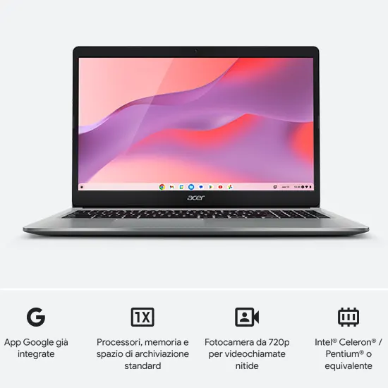 Un laptop Acer aperto mostra uno schermo con sfondo astratto rosa e viola su un tavolo bianco.