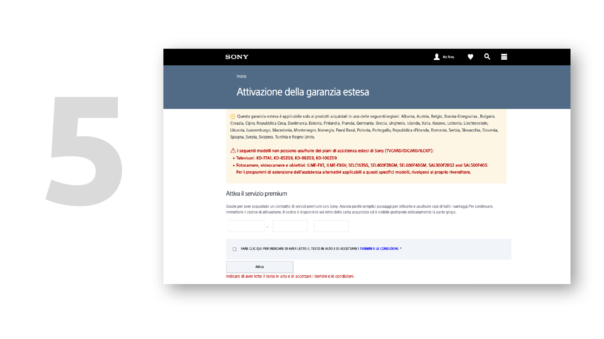 Pagina web Sony "Attivazione della garanzia estesa" con testo informativo e pulsanti interattivi. Numero "5" in grigio a sinistra.