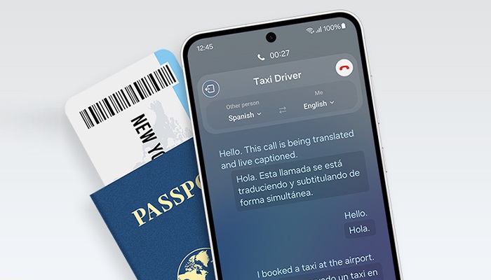 Passaporto blu con carta d'imbarco e smartphone che mostra una chiamata con traduzione simultanea.