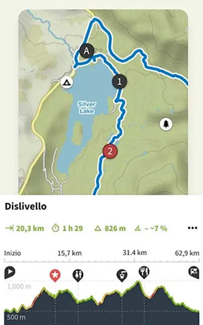 Mappa di sentiero blu attorno al lago Silver con marcatori numerati e grafici di elevazione in basso.