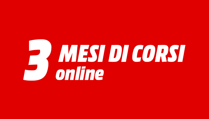 Testo su sfondo rosso con "3 MESI DI CORSI online" in bianco.