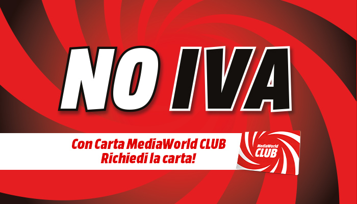 Sfondo rosso con spirali. Scritte "NO IVA" in bianco e nero. Banner bianco con scritta "Con Carta MediaWorld CLUB Richiedi la carta!".