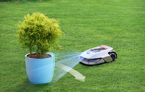 Un prato verde con un robot tagliaerba bianco e nero vicino a una pianta in vaso blu.