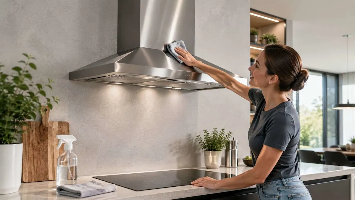 persona che pulisce la cappa della cucina