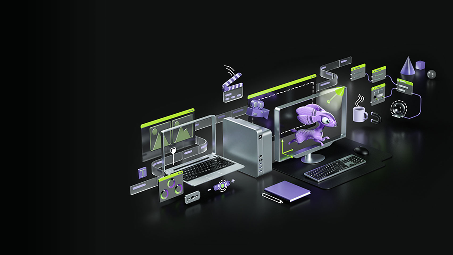 Scena digitale con laptop, PC, monitor con personaggio viola animato, software e tazza di caff� su sfondo nero.