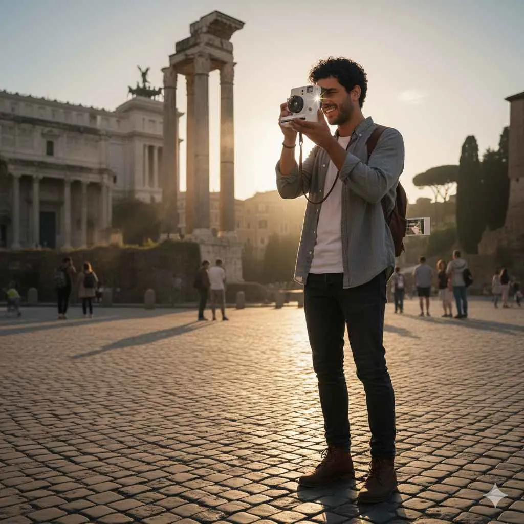 ragazzo che fotografa monumenti con una macchinetta istantanea