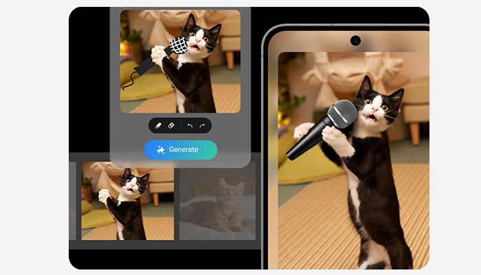 Un'app mostra un gatto bianco e nero che tiene un microfono. L'immagine modificata è su uno smartphone. Dietro: divano beige.