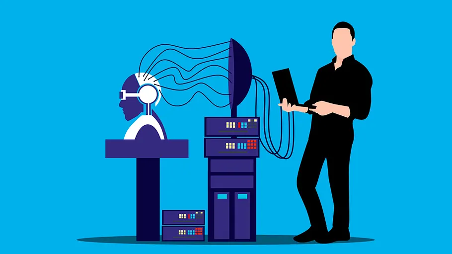 Su sfondo blu, figura collegata a server con cavi; uomo in nero tiene un laptop. Concetto di tecnologia e connessione dati.