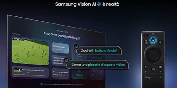 Un televisore samsung con varie applicazioni aperte e un telecomando vicino
