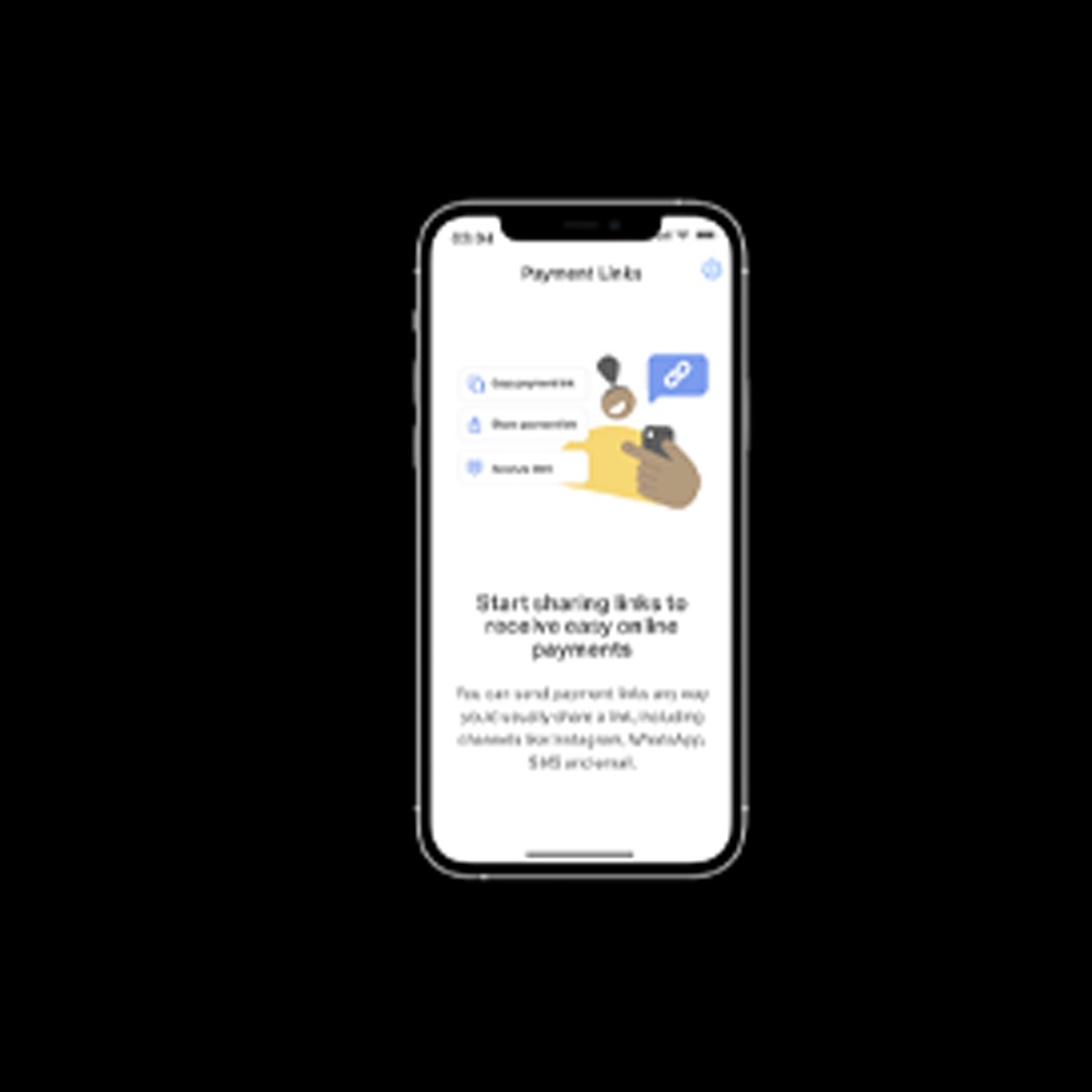 Schermata di un telefono che mostra collegamenti di pagamento, con icone blu e testo bianco su sfondo bianco.