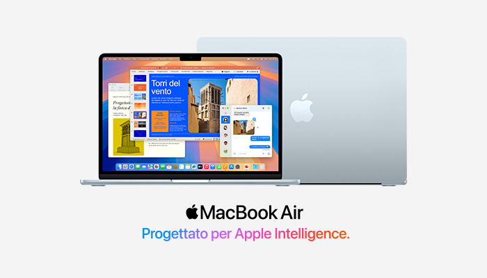 Un MacBook Air aperto mostra finestre sovrapposte con immagini e testi, su sfondo bianco.