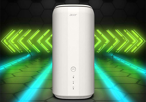 Cilindro bianco con pulsante su sfondo geometrico verde e nero con frecce luminose.