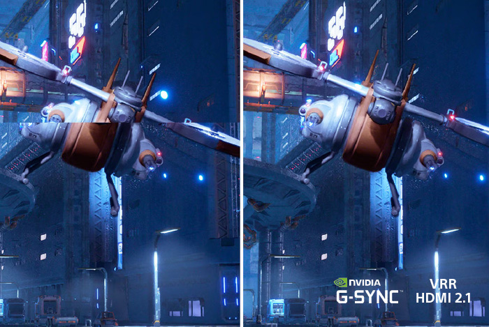 Immagine divisa che mostra un veicolo futuristico con pale su uno sfondo urbano blu, e loghi Nvidia G-Sync e HDMI 2.1.
