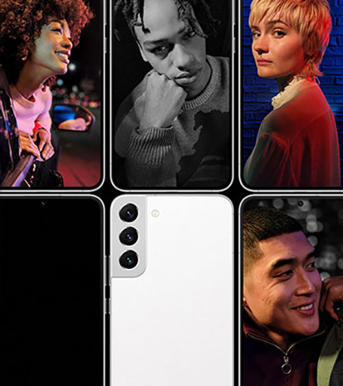 Sei riquadri mostrano ritratti e un telefono bianco con tre obiettivi della fotocamera sul retro.